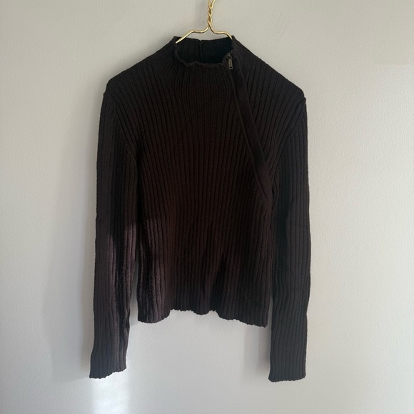 Maxmara 100% virgin wool asymmetrical ribbed knit sweat brown size large - Picture 1 of 5